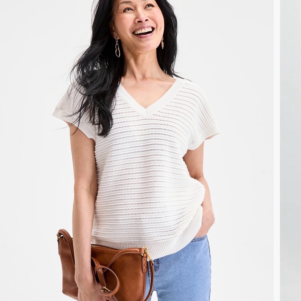 NWT Style & Co. Women's Cotton Rib-Knit Dolman-Sleeve Top, White